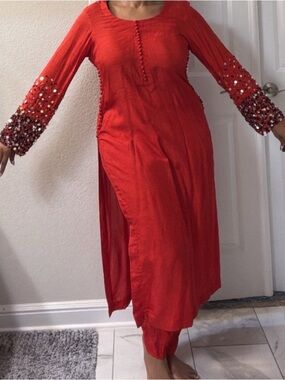 Red Long Sleeve Beaded Kurta set